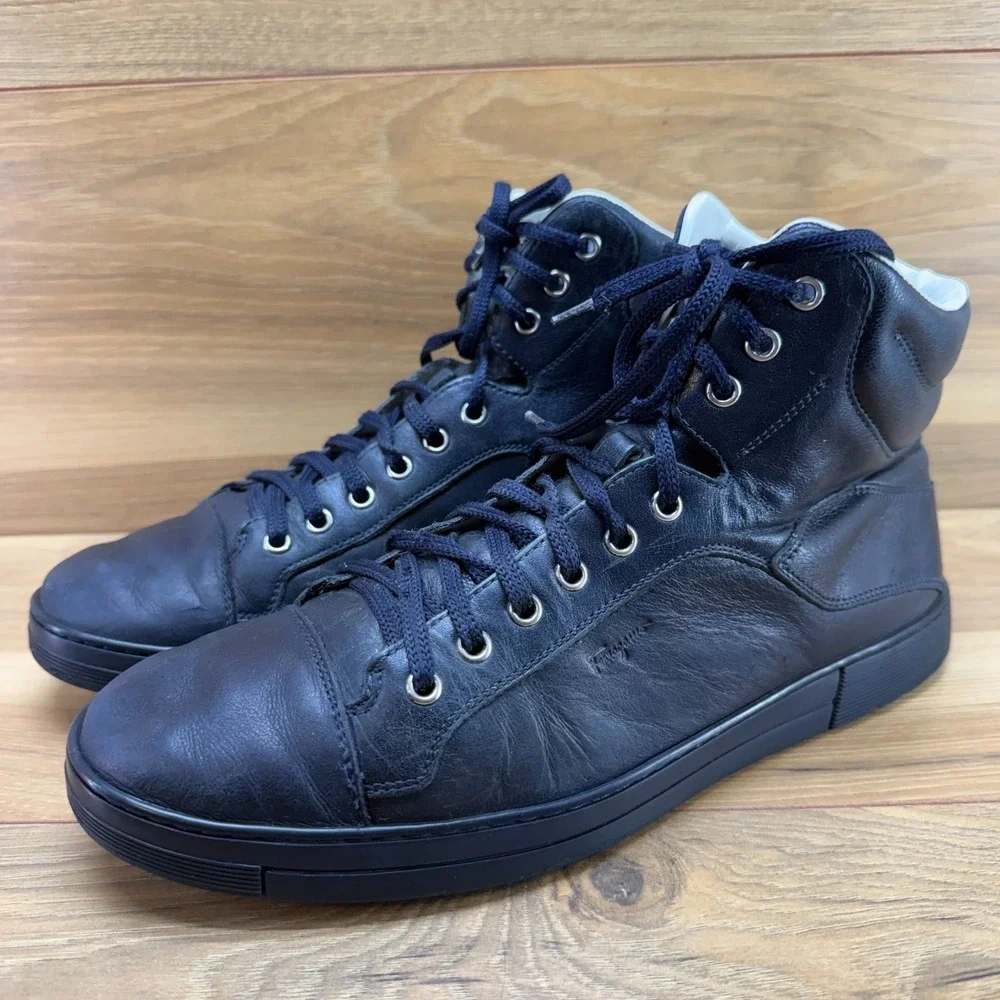 Salvatore Ferragamo High Top Sneakers Mens 8.5 D Black Leather Casual Everyday